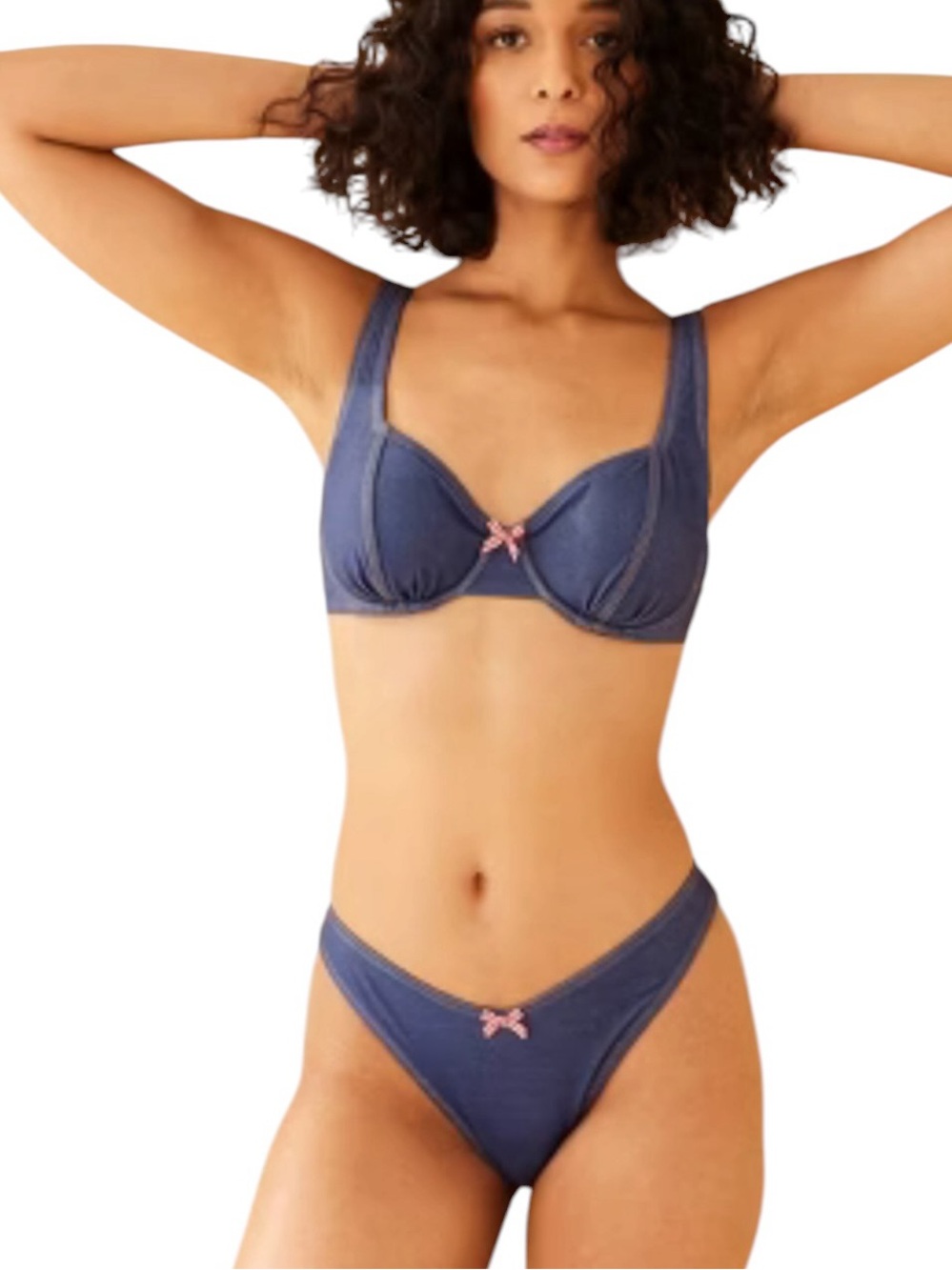 Wild Fable Blue Underwire Bra & Bikini Set with Pink Bow Accent